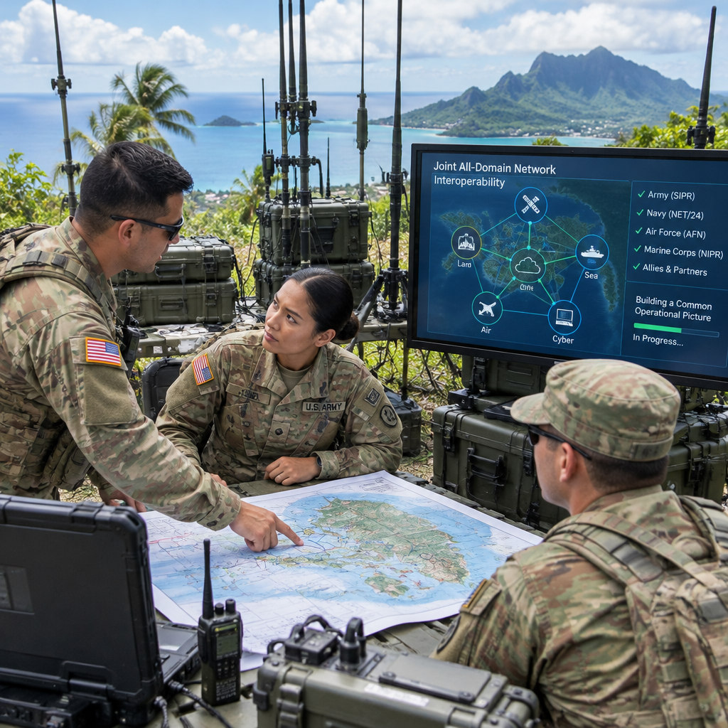 US Army personnel discuss network operations in a tropical field setting.