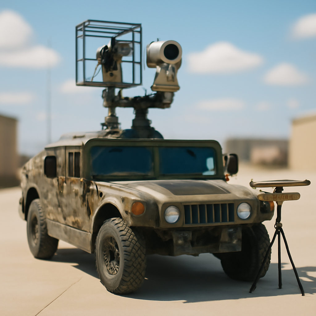 Camouflaged vehicle with counter-drone technology on a US military base.