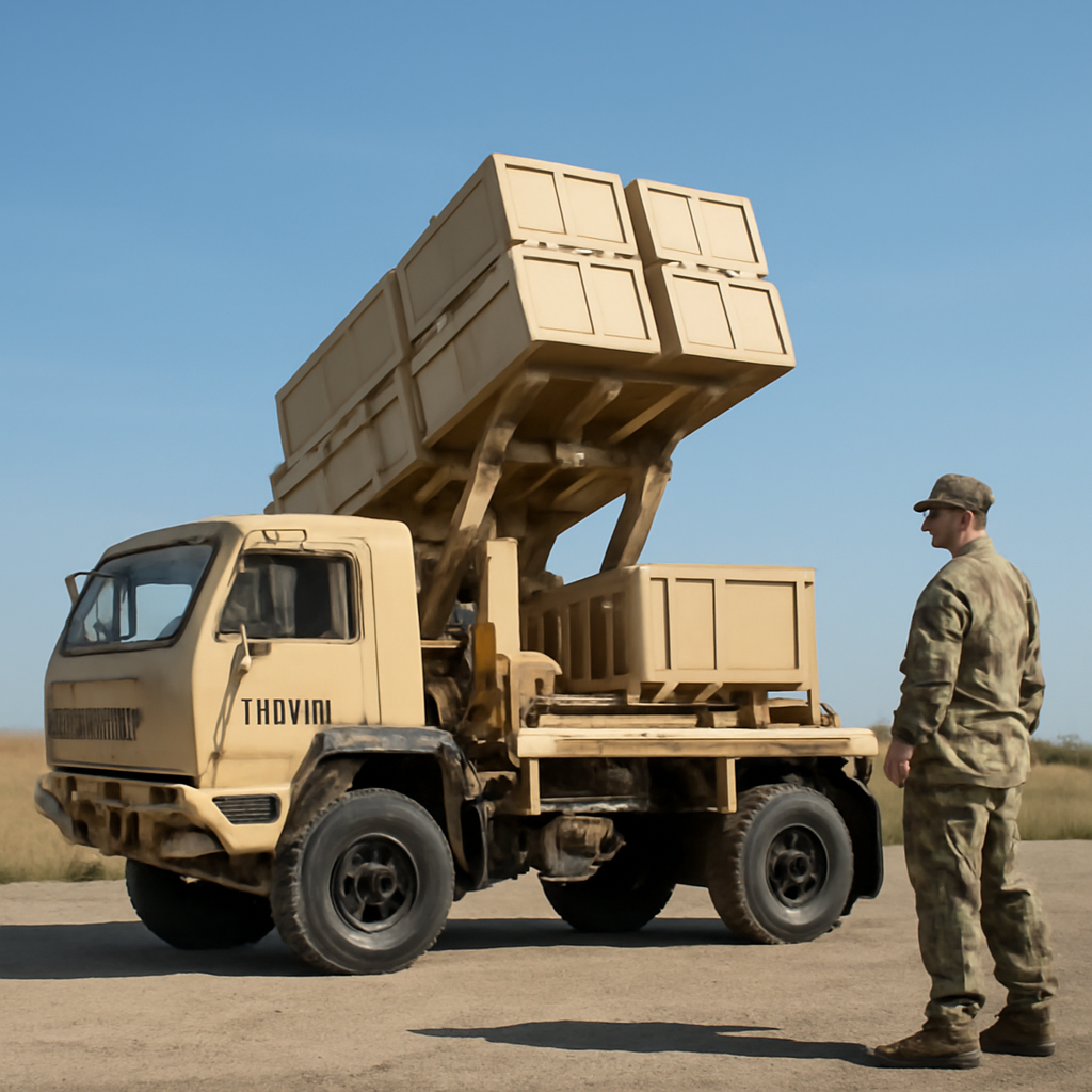 US Army vehicle with mounted air defense system on a dirt road.