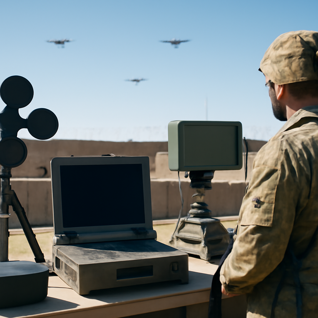 US Army personnel stand near counterdrone technology equipment on a fortified military base under clear daylight.