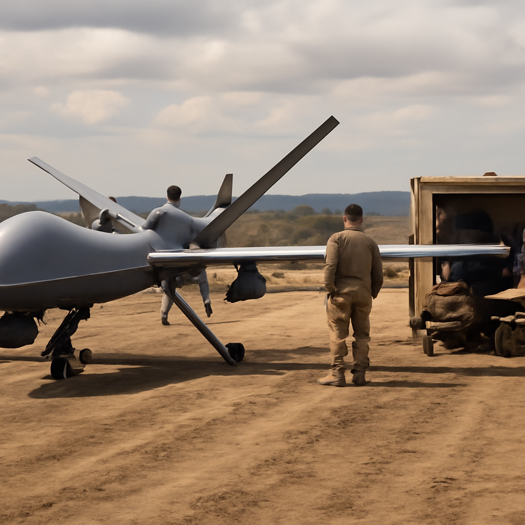 Military personnel conduct pre-flight checks on a drone near a ruggedized command center in a vast, open landscape.