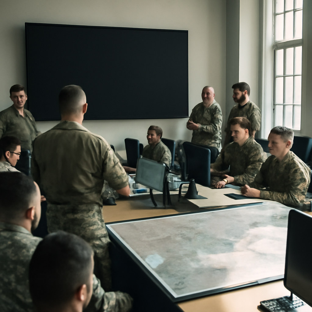 Military personnel gather around computer workstations and tactical maps in a bright briefing room with a large blank screen.