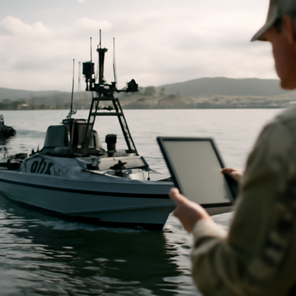 US Army autonomous boats navigate Pacific harbor with sleek design and advanced technology.