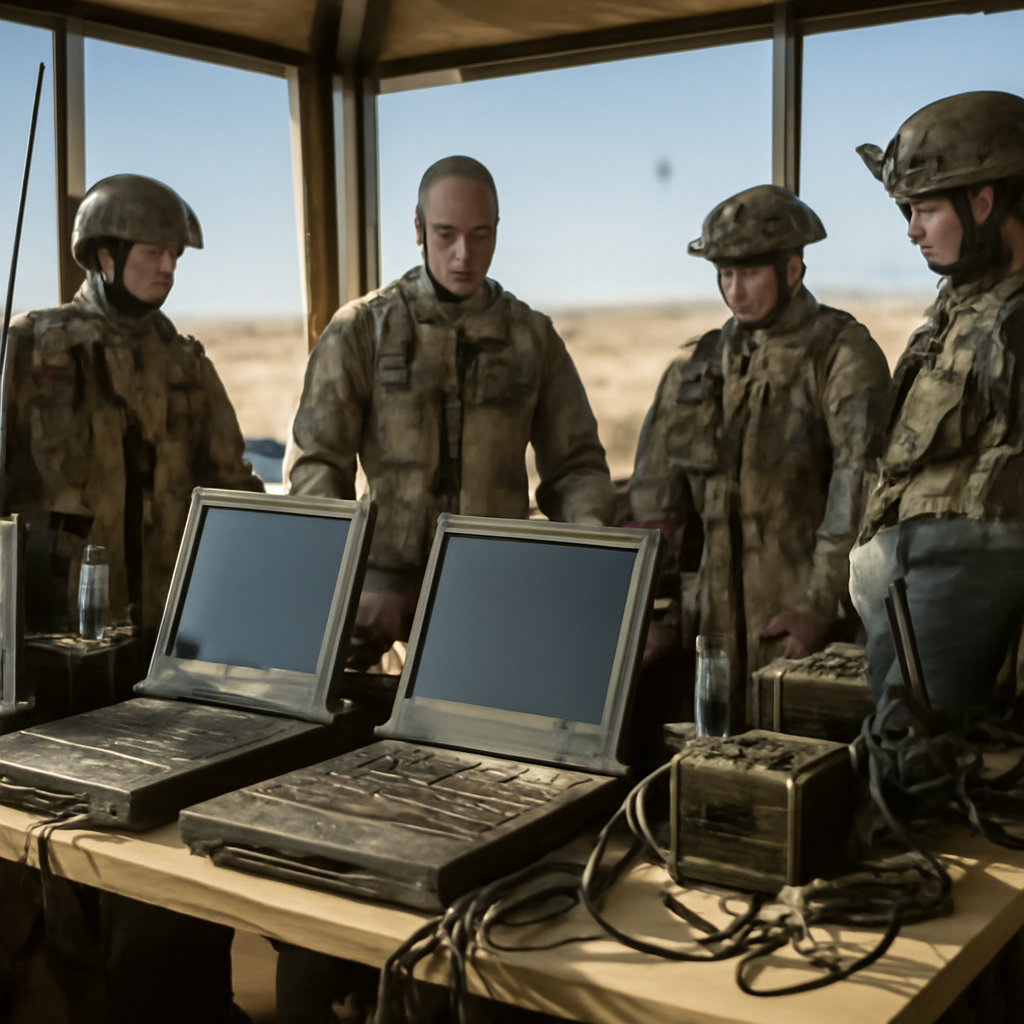 Military personnel gather around communication equipment in a desert command post.