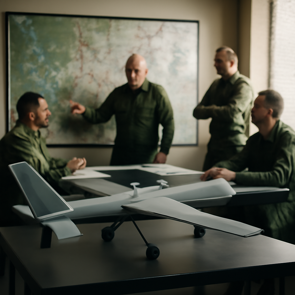 Military officers discuss tactics around a table with a drone model and large battlefield map.