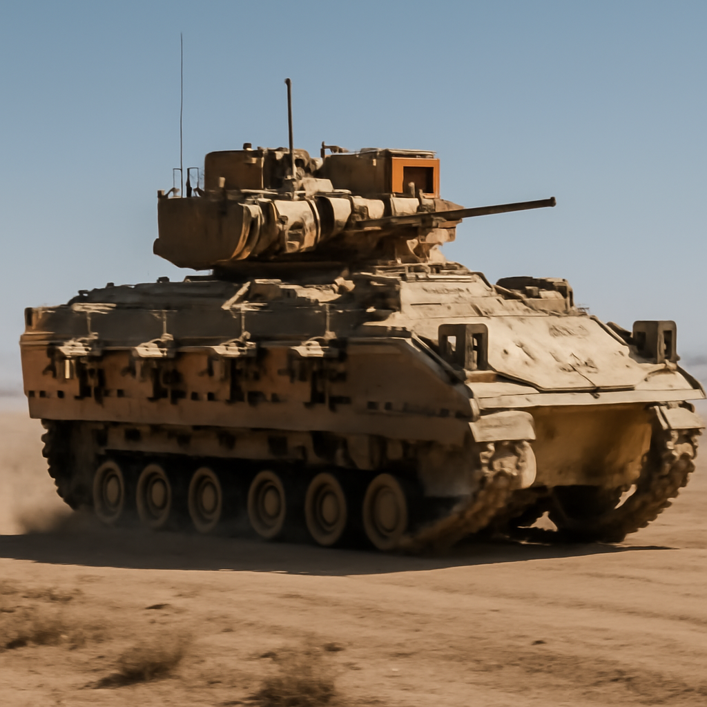 US Army Bradley fighting vehicle with swarming ground drones attached drives across open terrain.