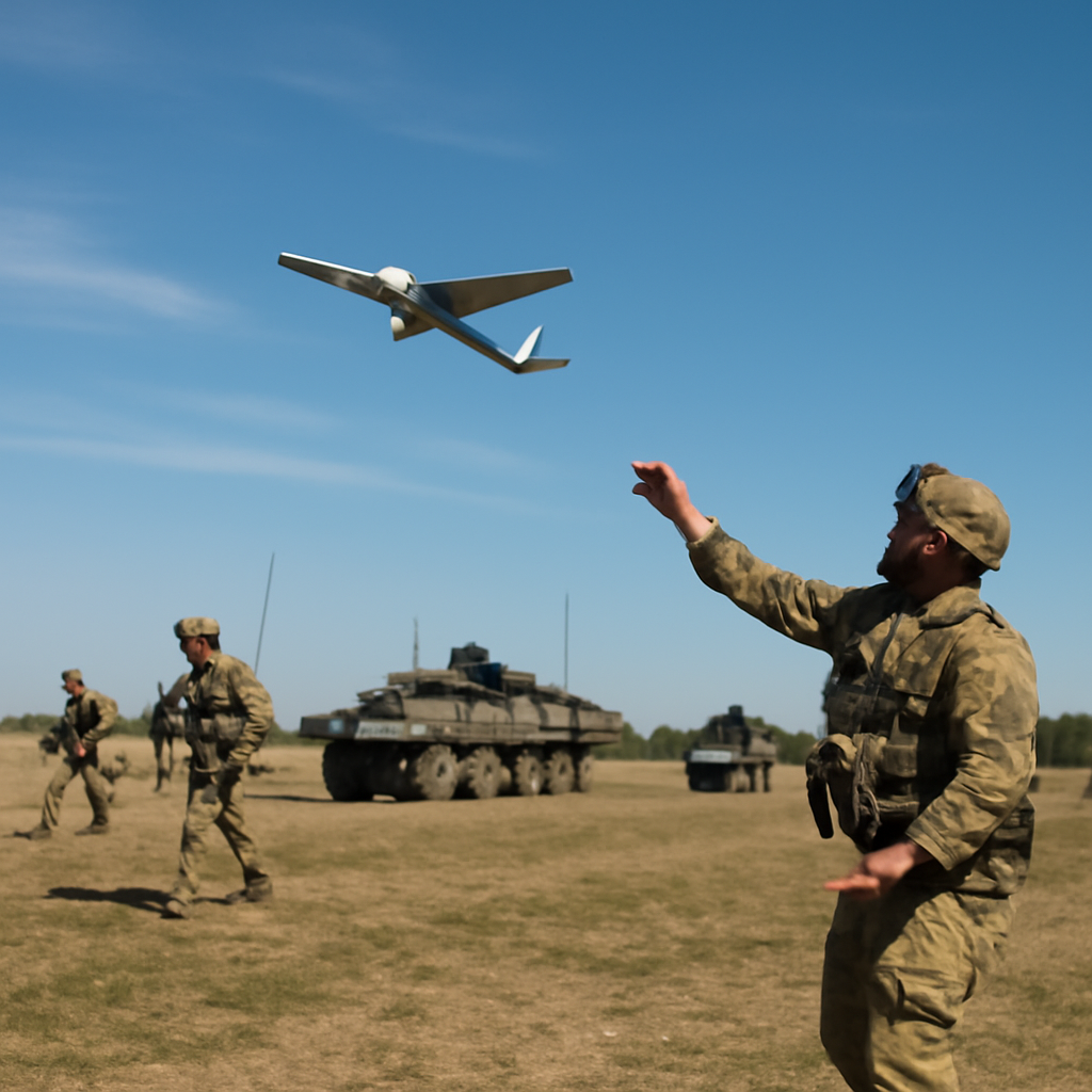 Soldiers and Stryker vehicles in a rural field with a drone in flight.