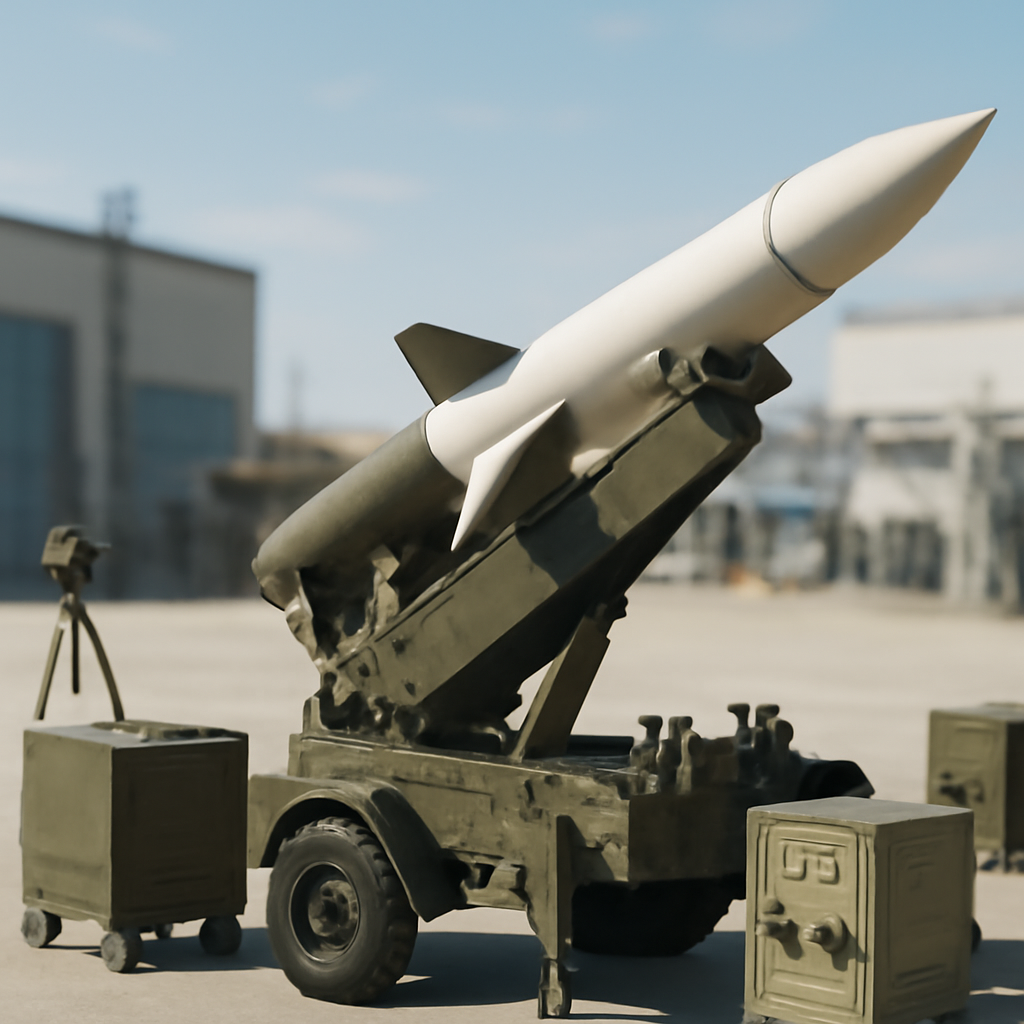Military launcher system in foreground, industrial facilities blurred in background.