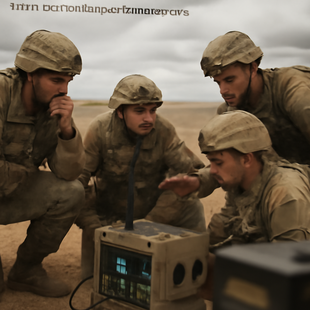 Soldiers gather around communication equipment, looking concerned, in a desert exercise setting.