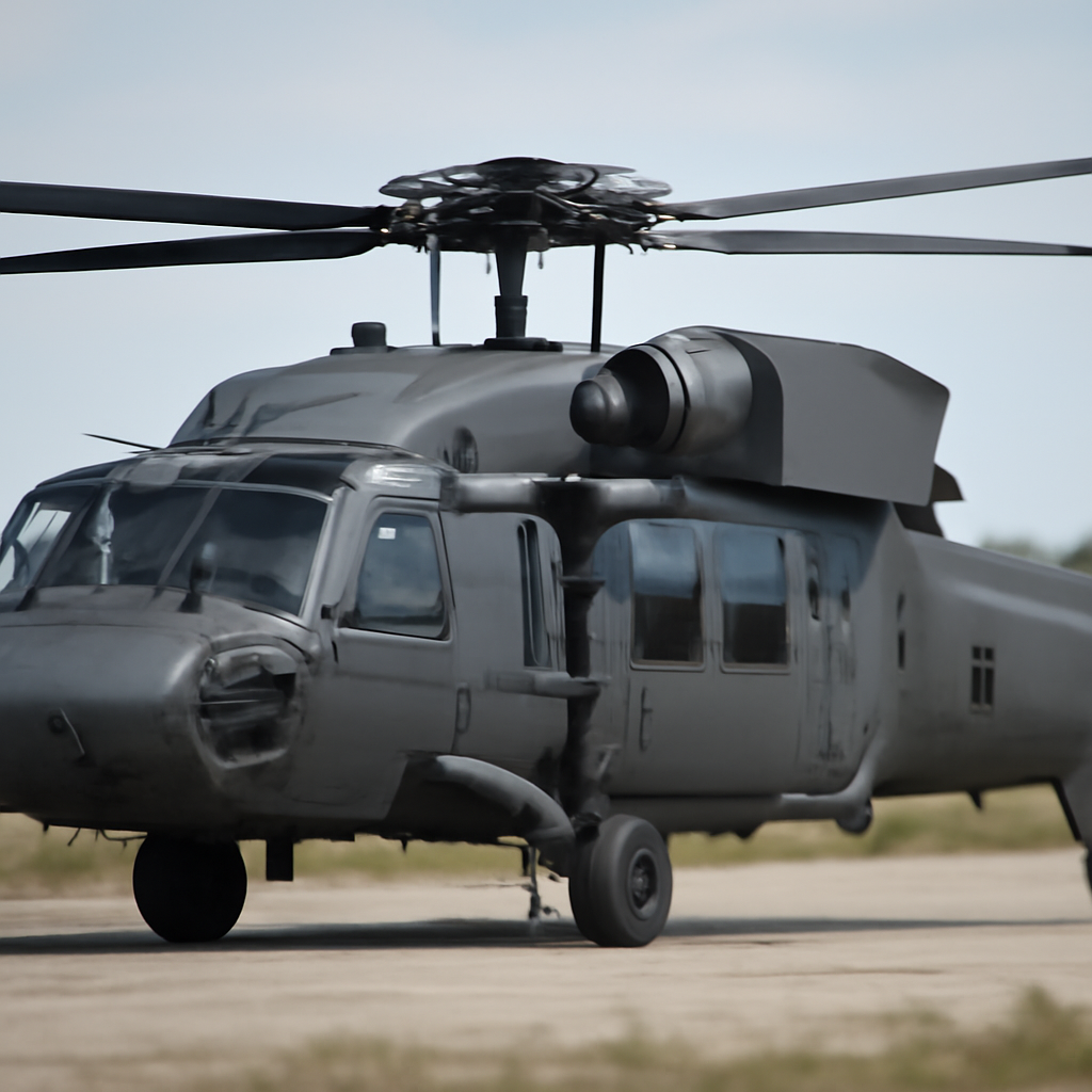 Military helicopter with sleek design and rotor blades, highlighting engine area.