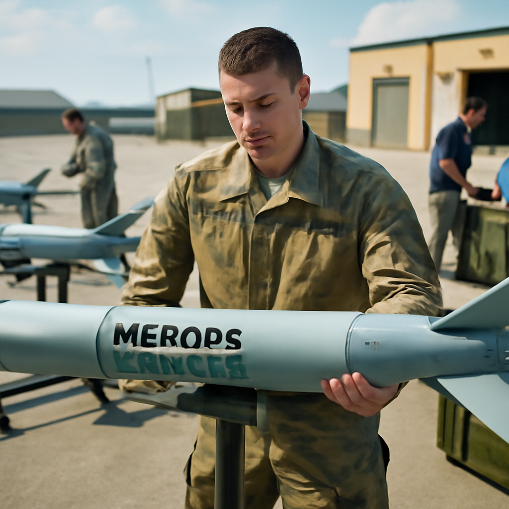 US Army personnel inspect Merops interceptor drones and equipment at a military facility.