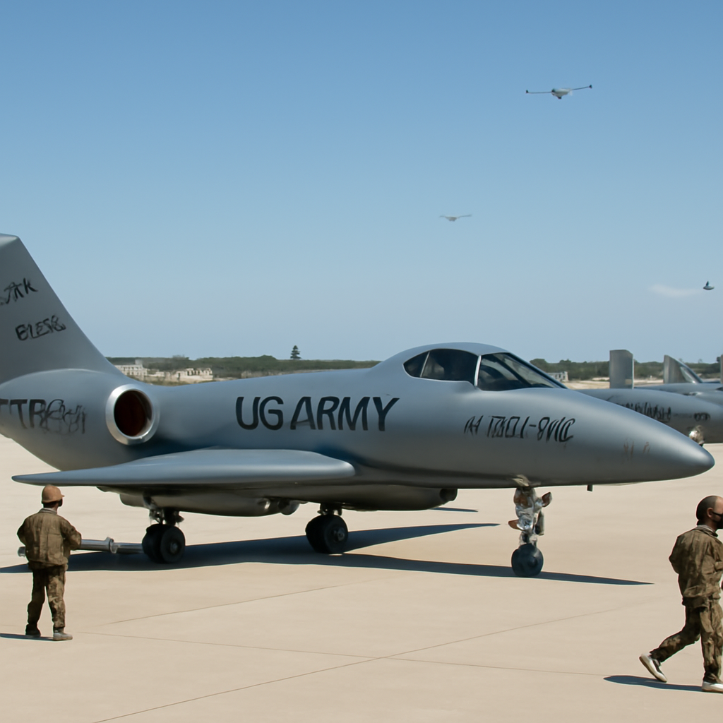 US Army personnel stand near sleek jets and drones on a Texas airfield tarmac under a clear blue sky.