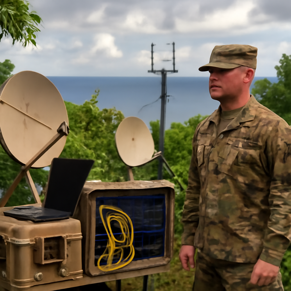 US Army personnel stands at ruggedized communications hub in tropical setting with satellite equipment overlooking ocean.