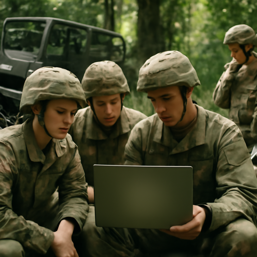 US Army personnel gather around a laptop in a jungle setting with Infantry Squad Vehicles and communication equipment nearby.