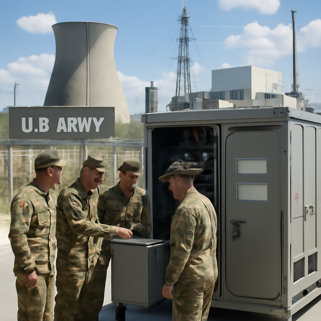 Military personnel and engineers discuss nuclear microreactor technology at US Army facility.