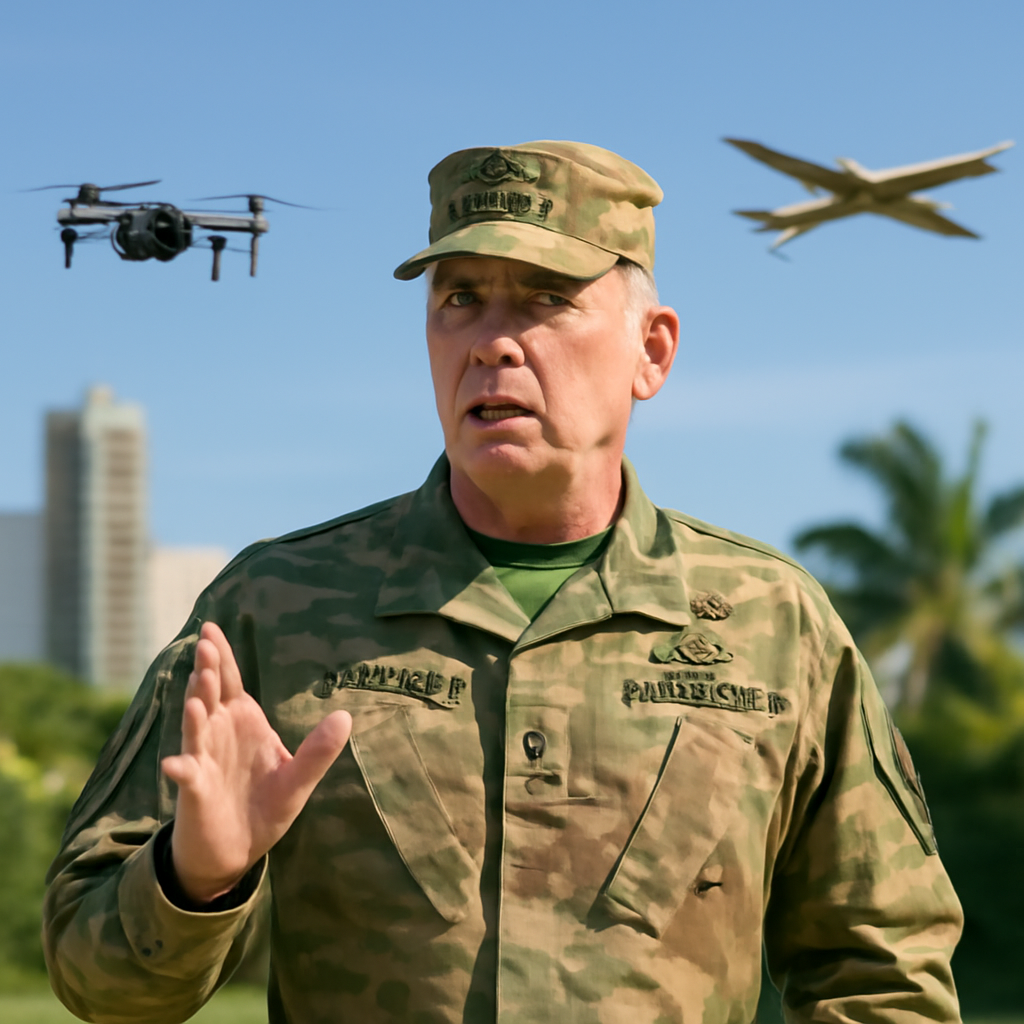 US Army general gestures outdoors with drones flying above, set against a city or tropical backdrop.