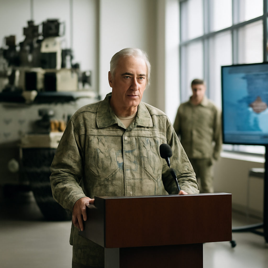 Senior officer's podium stands in front of a mix of modern and traditional military equipment in a well-lit briefing room.