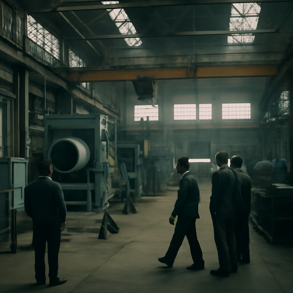 Interior view of an inactive munitions plant with idle industrial equipment and machinery.