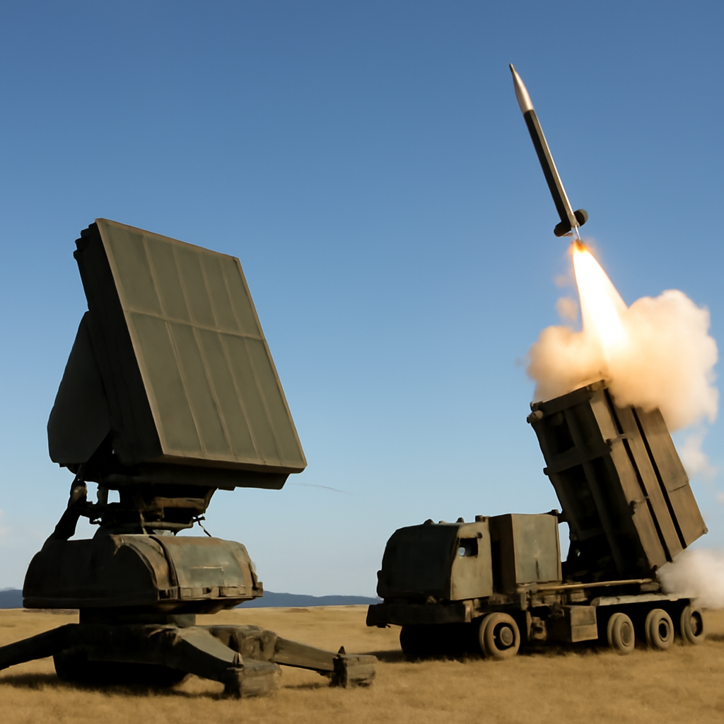 US Army air defense system in operation with radar and launcher in foreground.