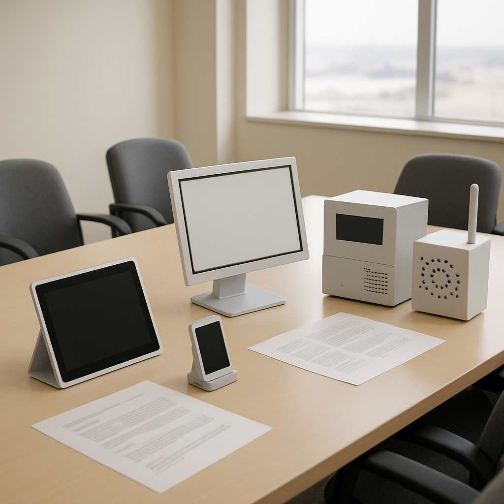 Briefing room with technology prototypes and documents on a large table.
