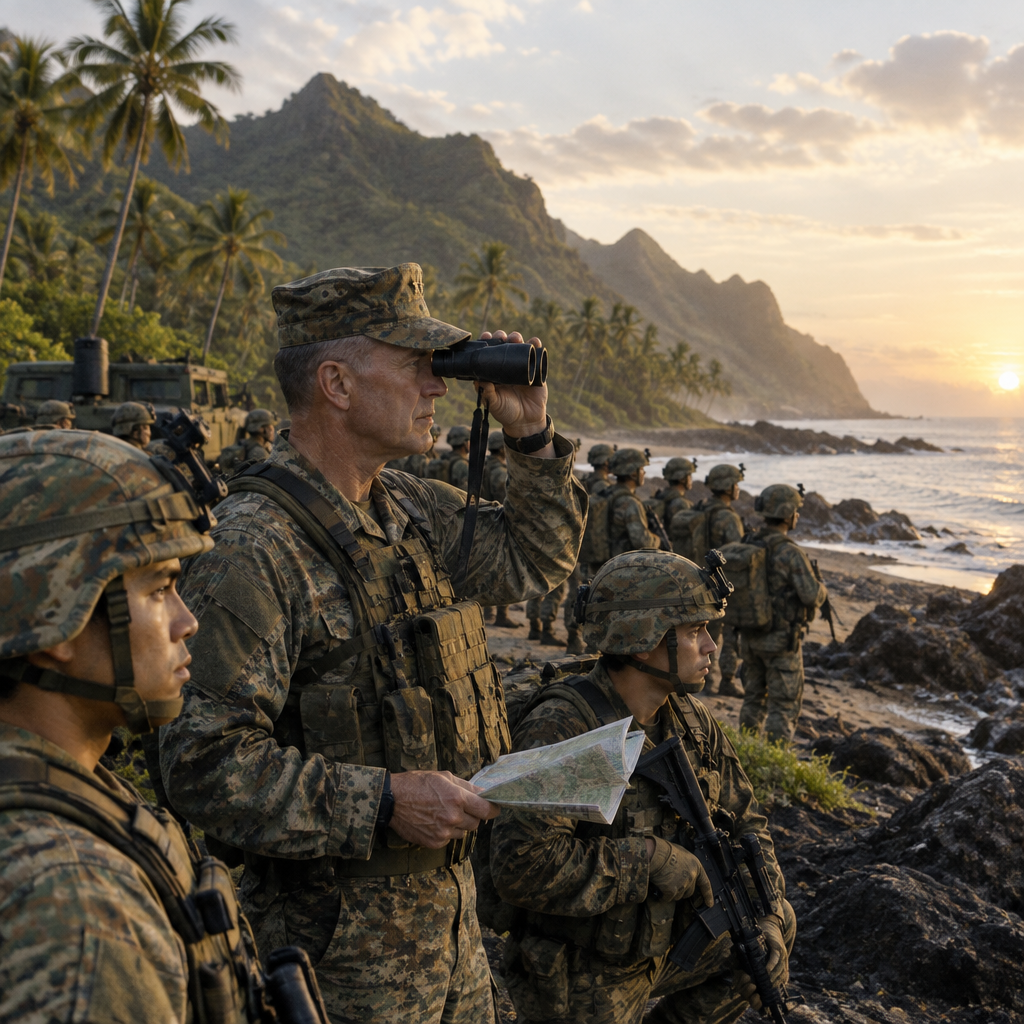 US Army Pacific troops stand at attention on a tropical shoreline at dawn, with a senior officer surveying the horizon with…