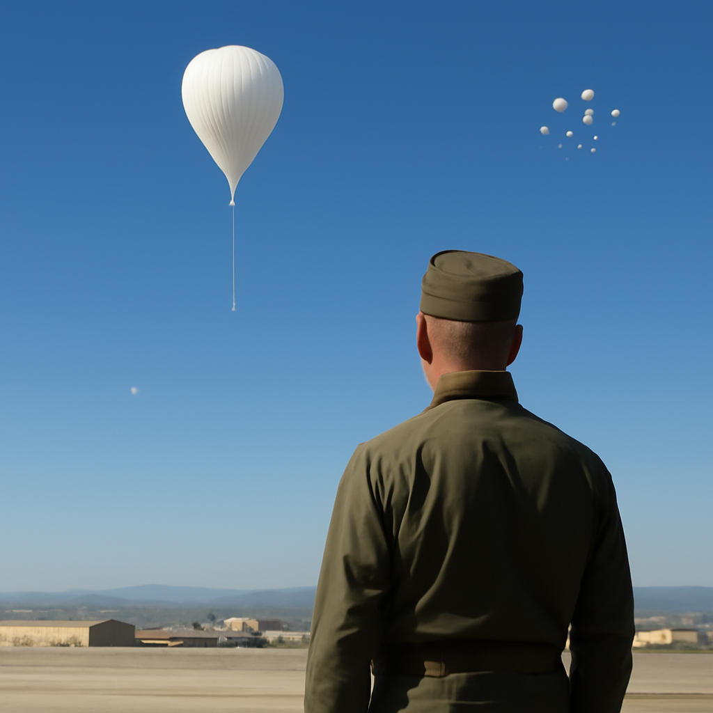Military personnel stands in front of a high-altitude balloon floating above a sprawling military base.