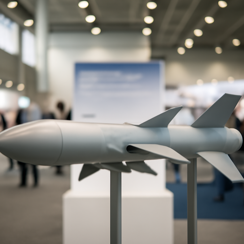 A sleek, notional missile on display against a neutral background at a defense symposium.