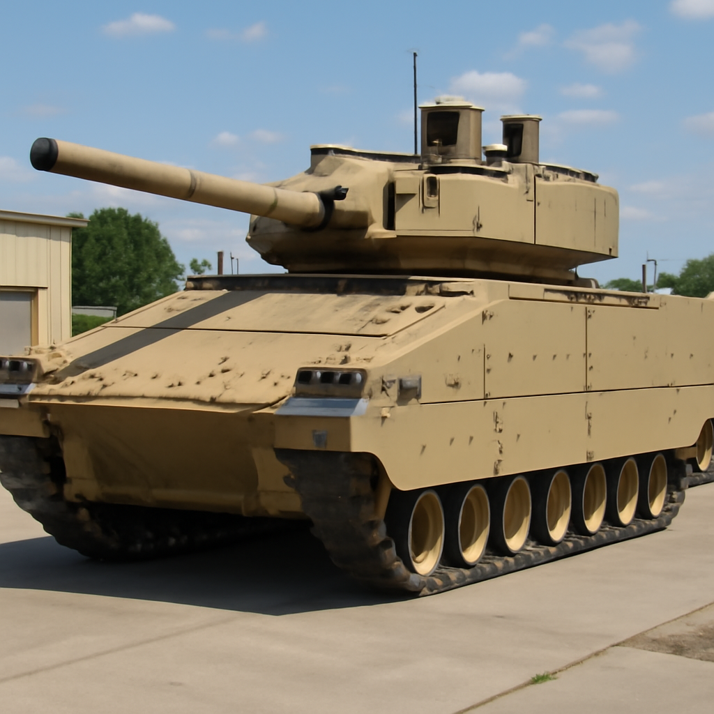 Lynx-based XM30 combat vehicle prototype on display at a military facility.