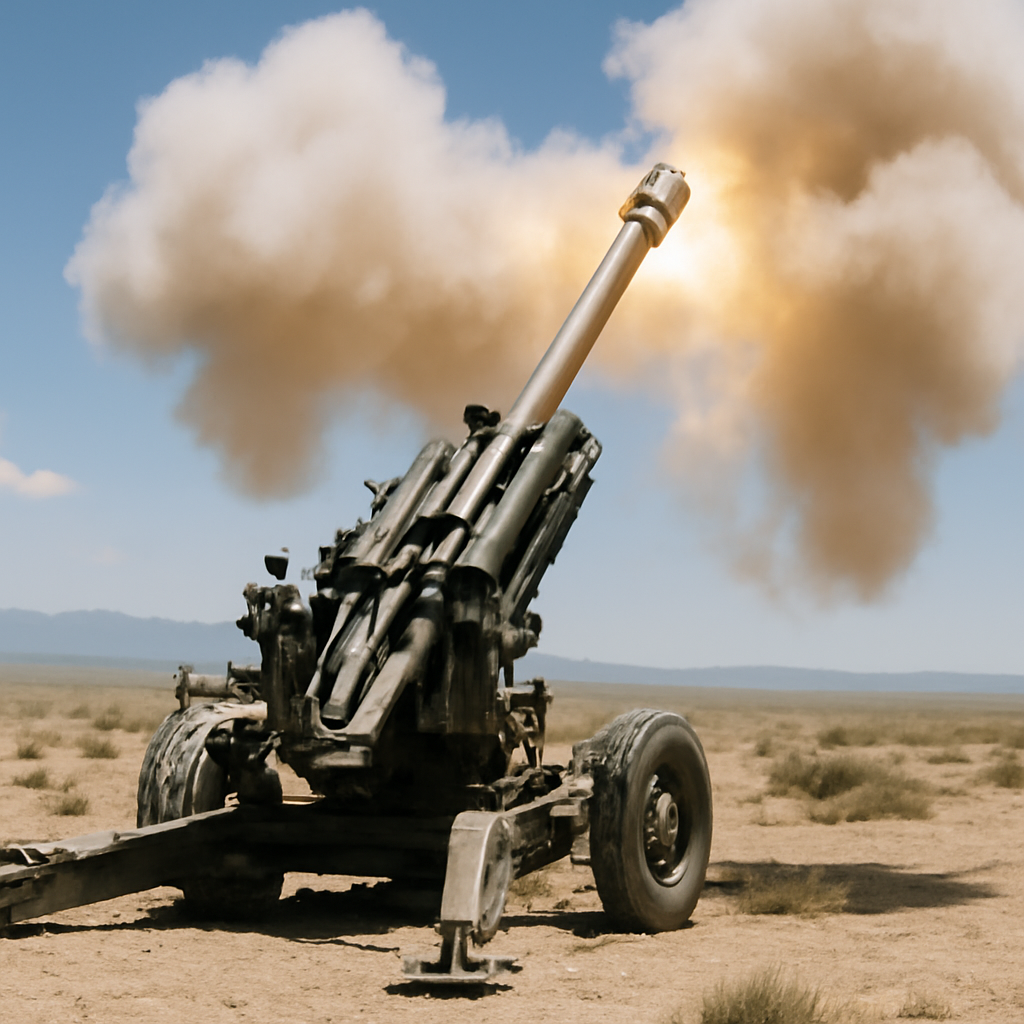 Large military cannon centered in a desert setting with blast and smoke effects.