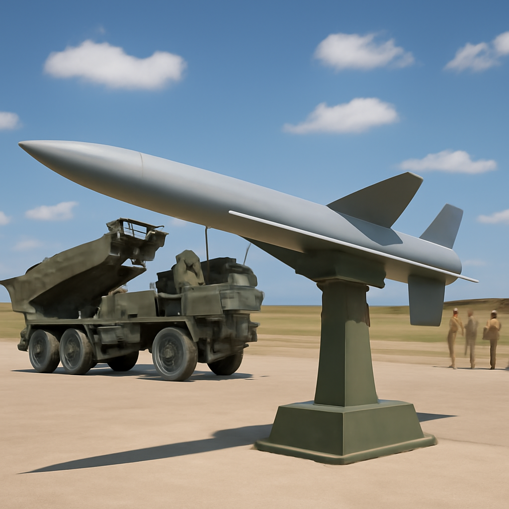 US Army personnel stand near a missile launcher on a sunny outdoor range.