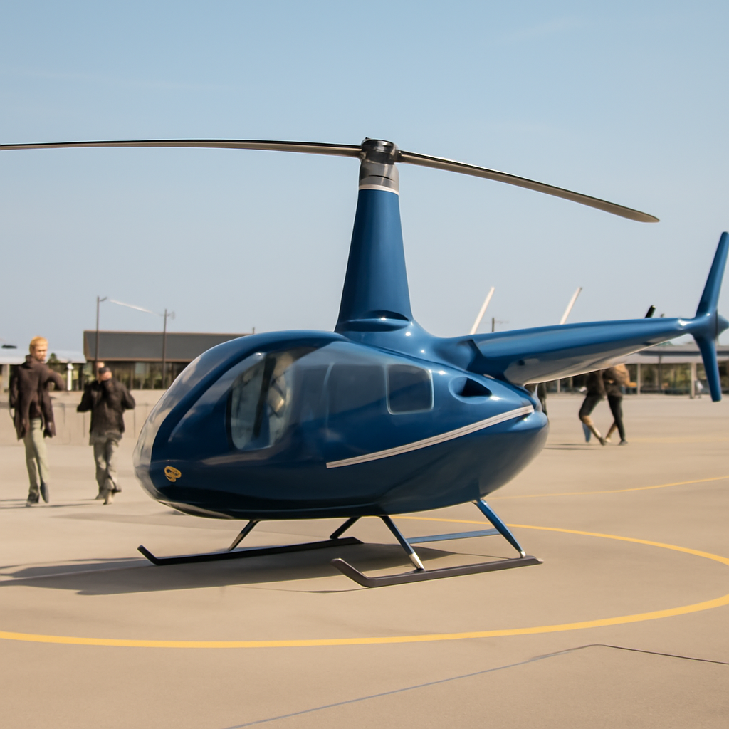 Robinson R66 helicopter on helipad at Fort Rucker with military personnel nearby.