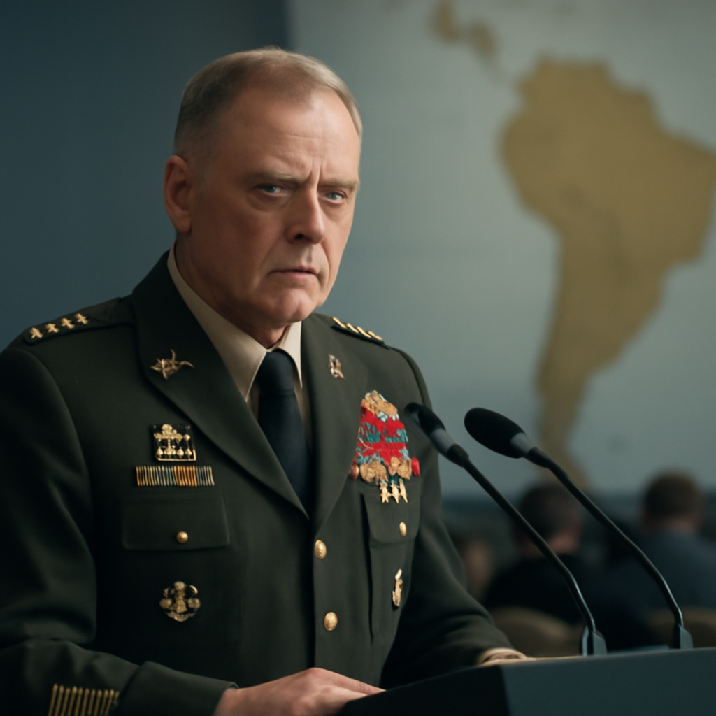 US Army officer in formal uniform addresses audience with stern expression, standing before subtle South American map…