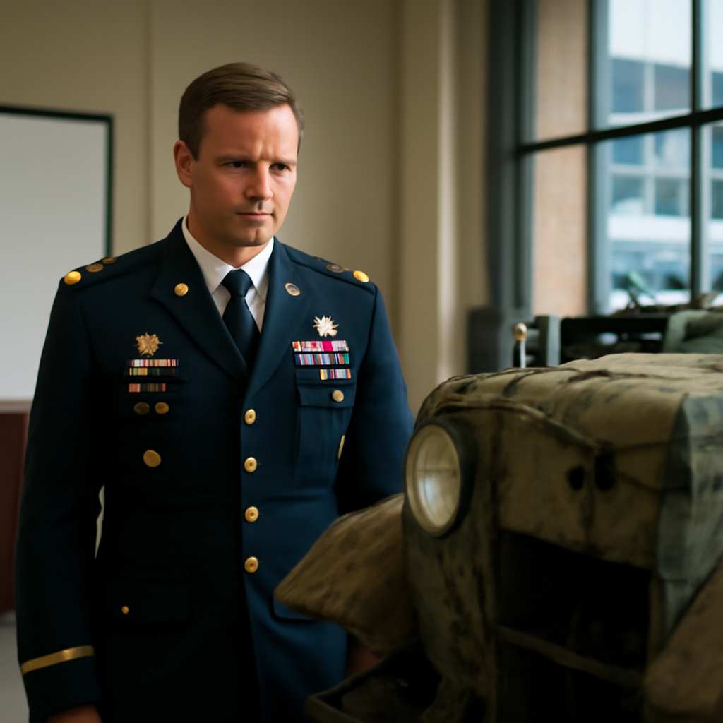 US Army officer examines military vehicle in conference setting.