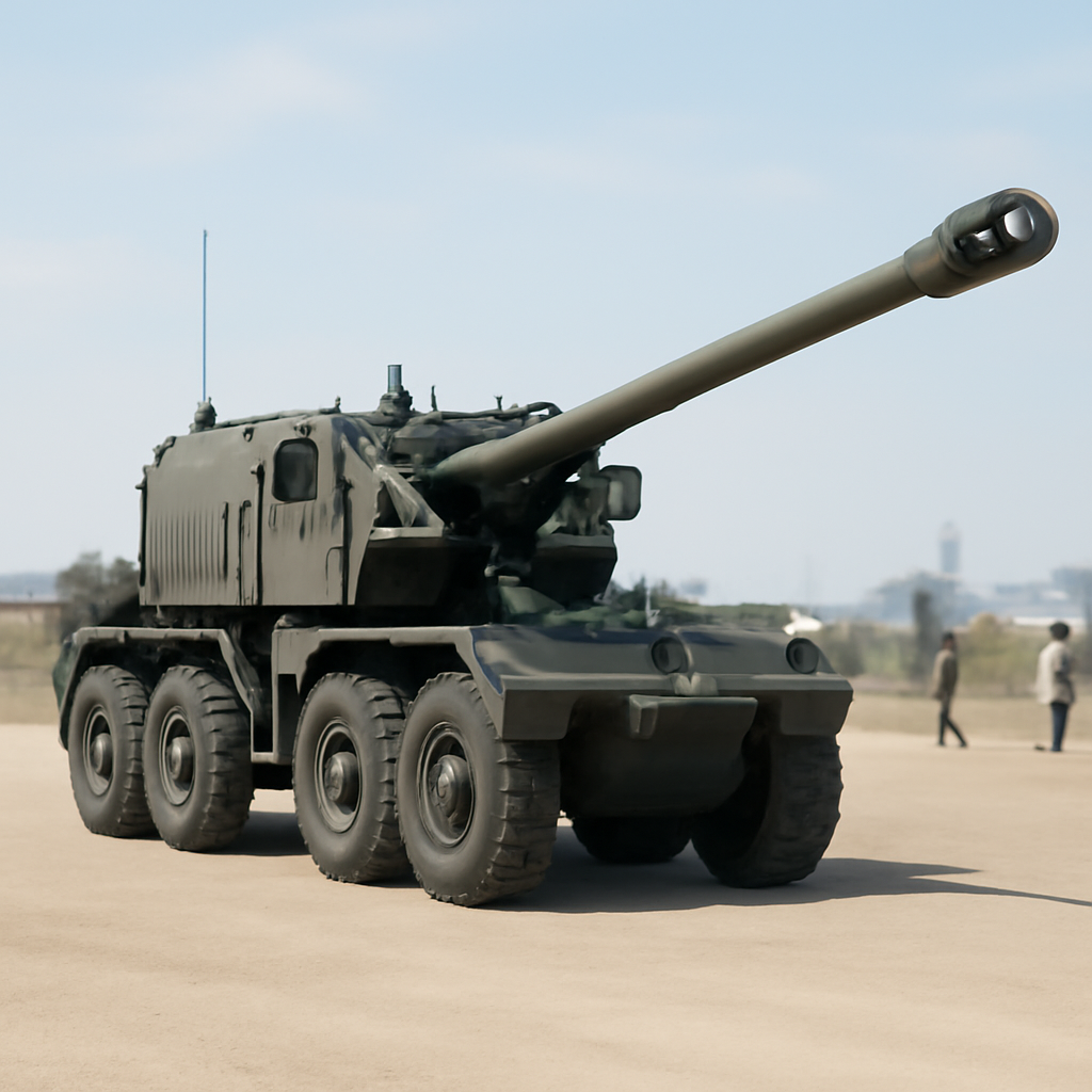 Wheeled 155mm howitzer on open terrain with industrial background.