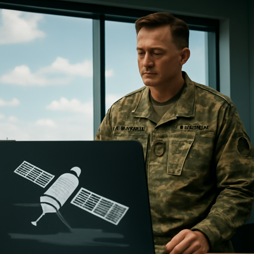 US Army officer briefs in front of satellite display and tech.