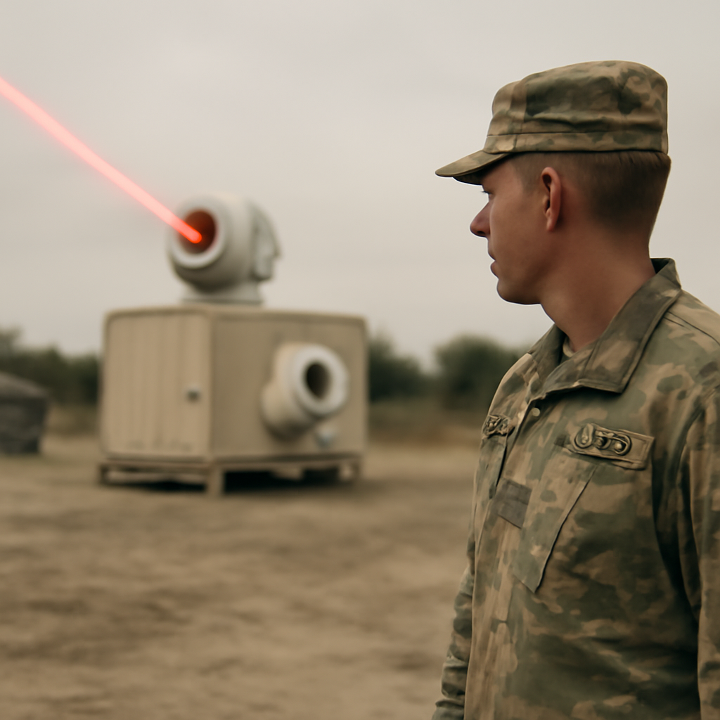 Military personnel stands in a field with a simulated laser defense system.