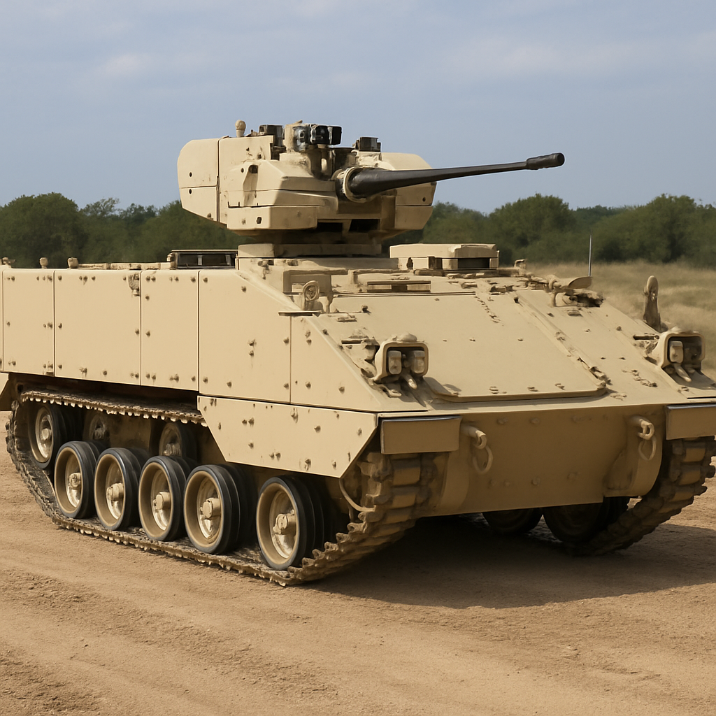 BAE Systems AMPV prototype with 30mm turret on a military testing range.