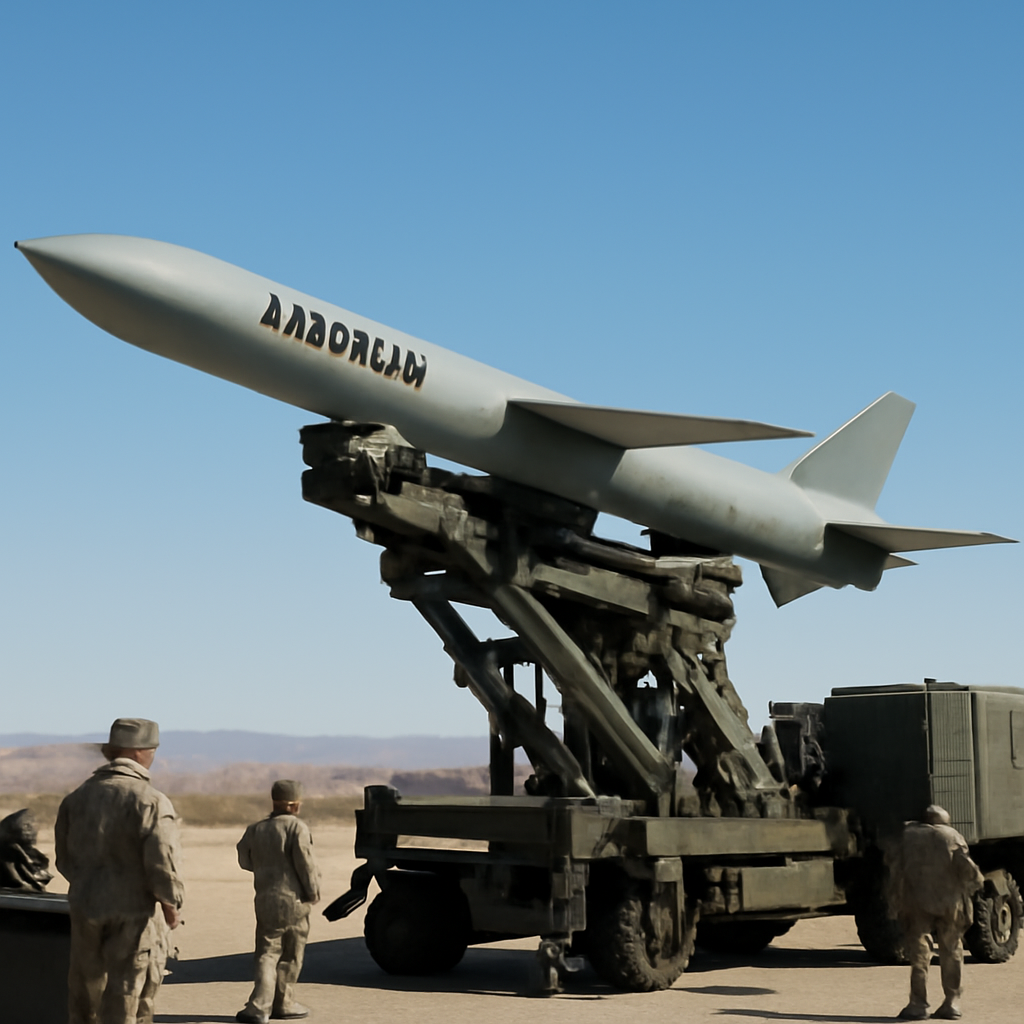 Anthem long-range strike weapon on a launch platform against a clear blue sky.
