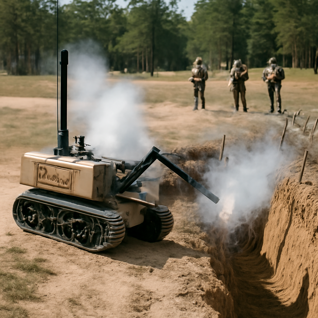 Robot leads simulated assault at military training center with soldiers in background.