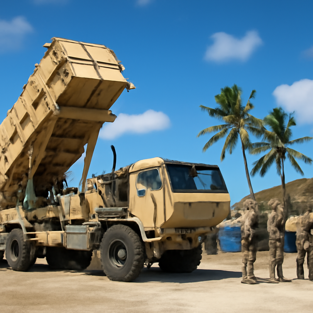 US Army convoy transports Patriot missile system on sunny coastal road with palm trees.