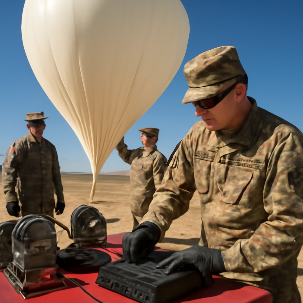US Army personnel prepare high-altitude balloon equipment under a clear blue sky.