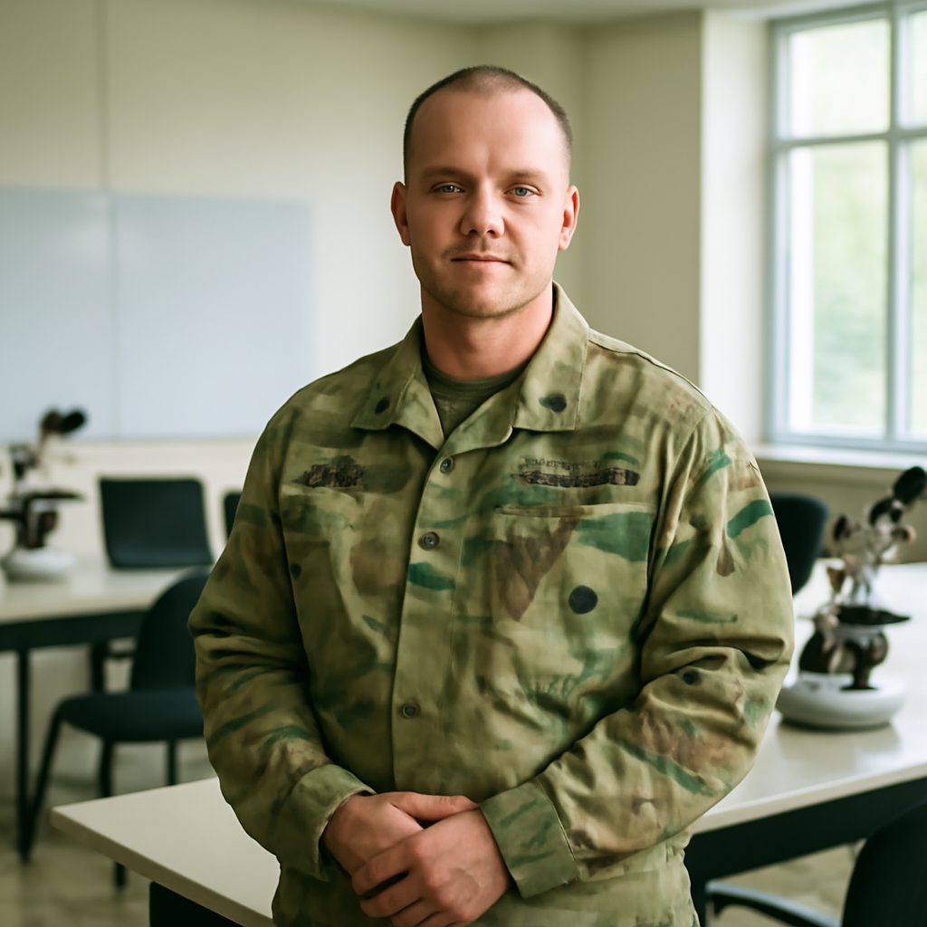 US Army representative stands in institutional setting with subtle medical equipment hints.