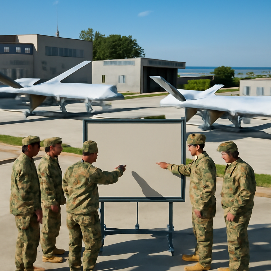 Soldiers in camouflage uniforms gather around a large tactical display board at a military base.
