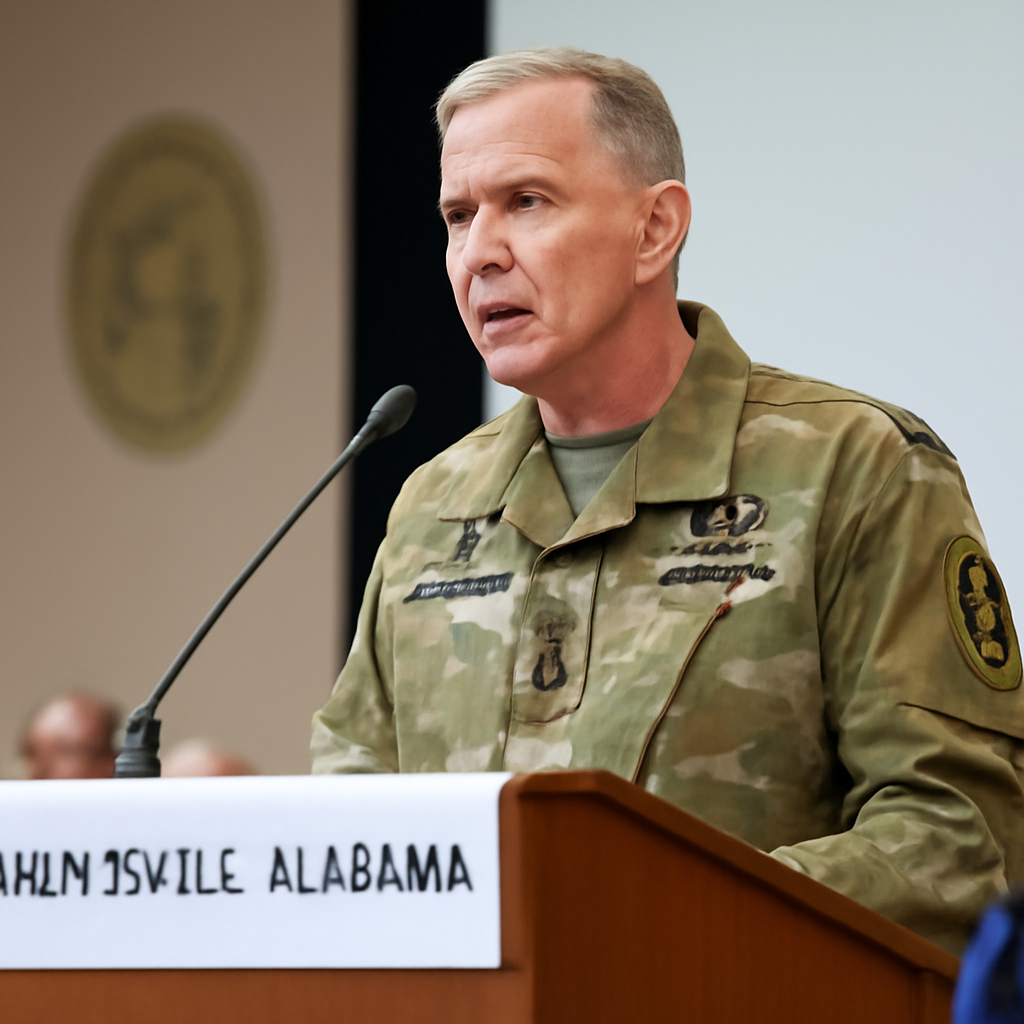 Lt. Gen. John Rafferty speaks at a podium in a formal conference setting.