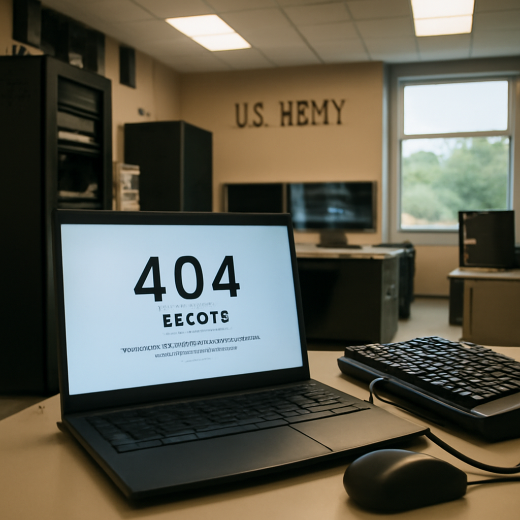US Army facility interior with 404 error on laptop screen near computer setup.