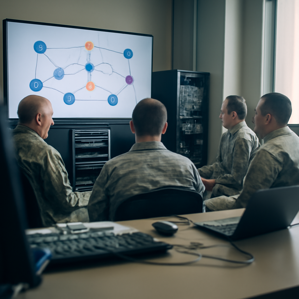 US Army personnel examine a network diagram on a large screen in a secure briefing room.