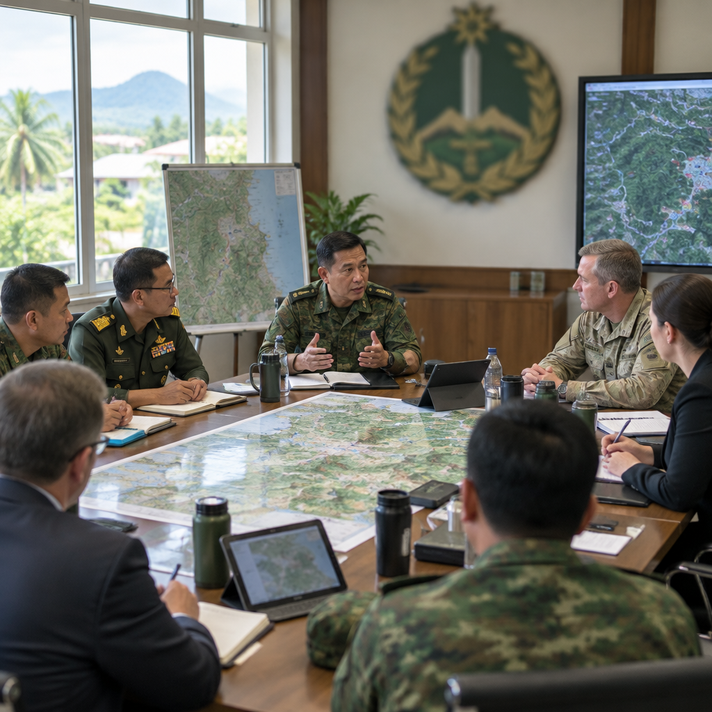 Military officers and advisors gather around a table with maps and tactical displays in a Southeast Asian briefing room.