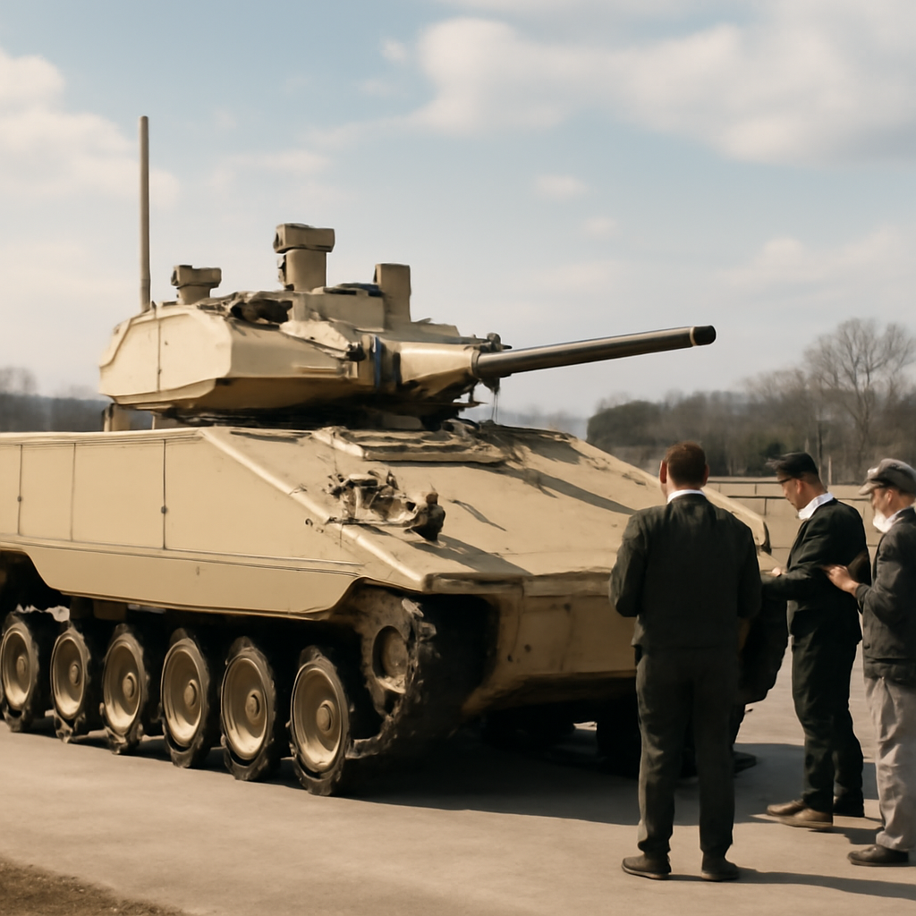 US Army XM30 prototype on testing range with personnel.