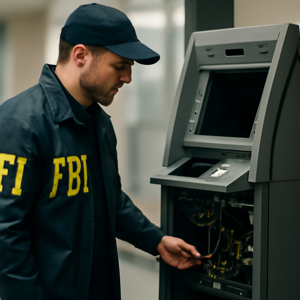 Law enforcement officer stands beside seized, disassembled ATM machine.