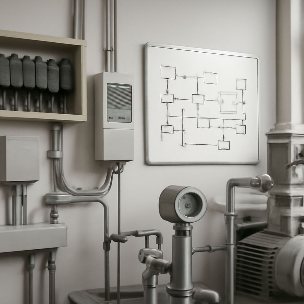 Control room with industrial controllers, sensors, and machinery in a neutral-colored environment.